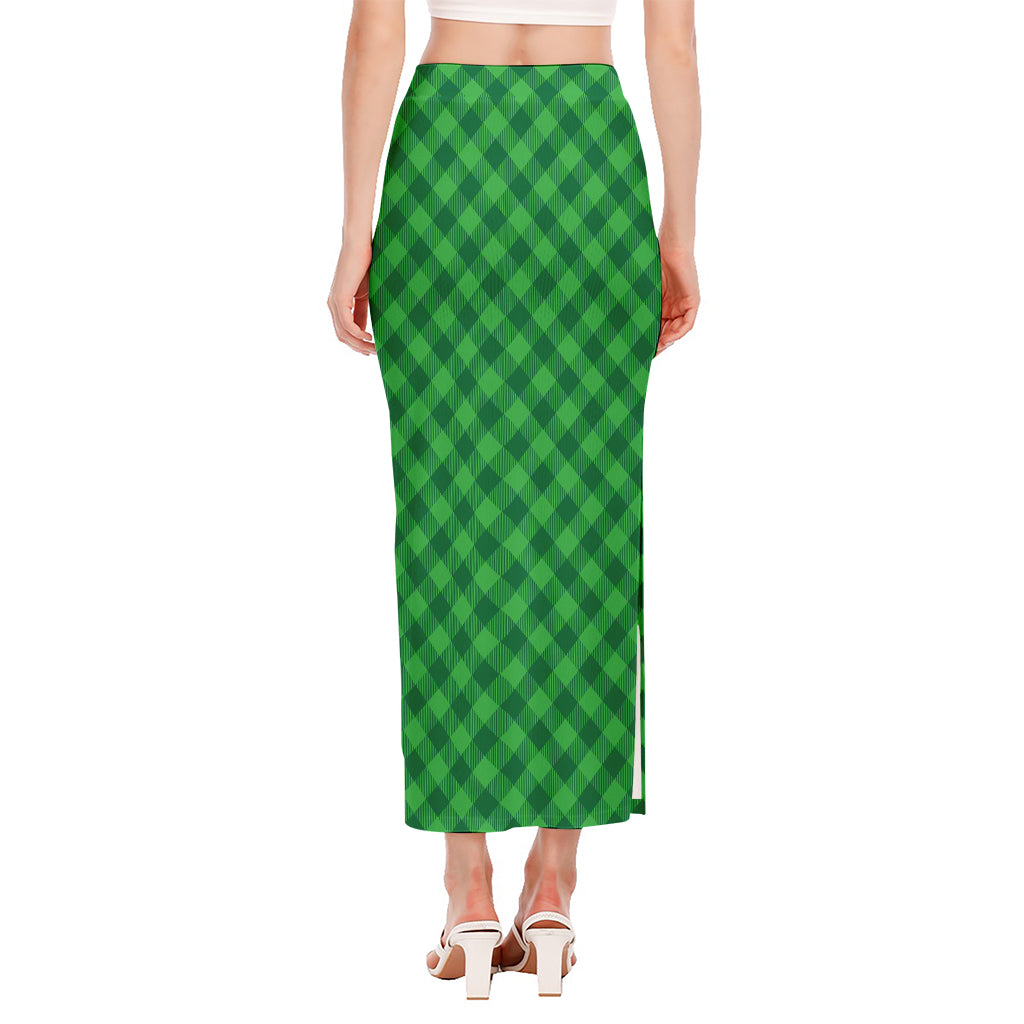 Irish Green Buffalo Plaid Print Side Slit Maxi Skirt