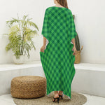 Irish Green Buffalo Plaid Print Silk V-Neck Kaftan Dress