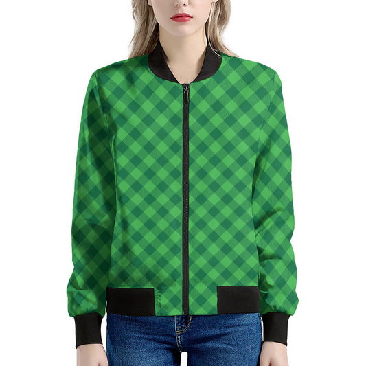 Irish Green Buffalo Plaid Print Women's Bomber Jacket