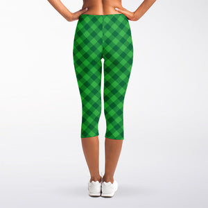 Irish Green Buffalo Plaid Print Women's Capri Leggings