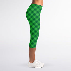 Irish Green Buffalo Plaid Print Women's Capri Leggings