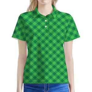 Irish Green Buffalo Plaid Print Women's Polo Shirt