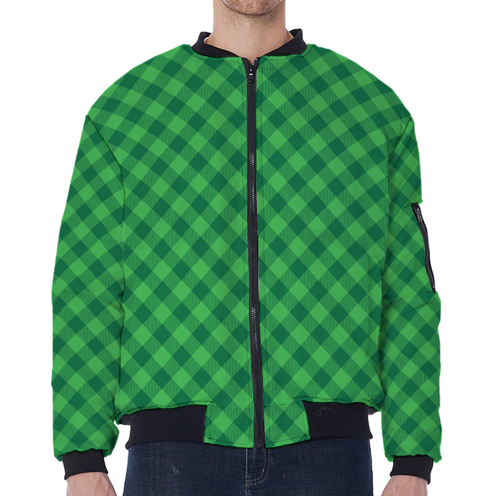 Irish Green Buffalo Plaid Print Zip Sleeve Bomber Jacket