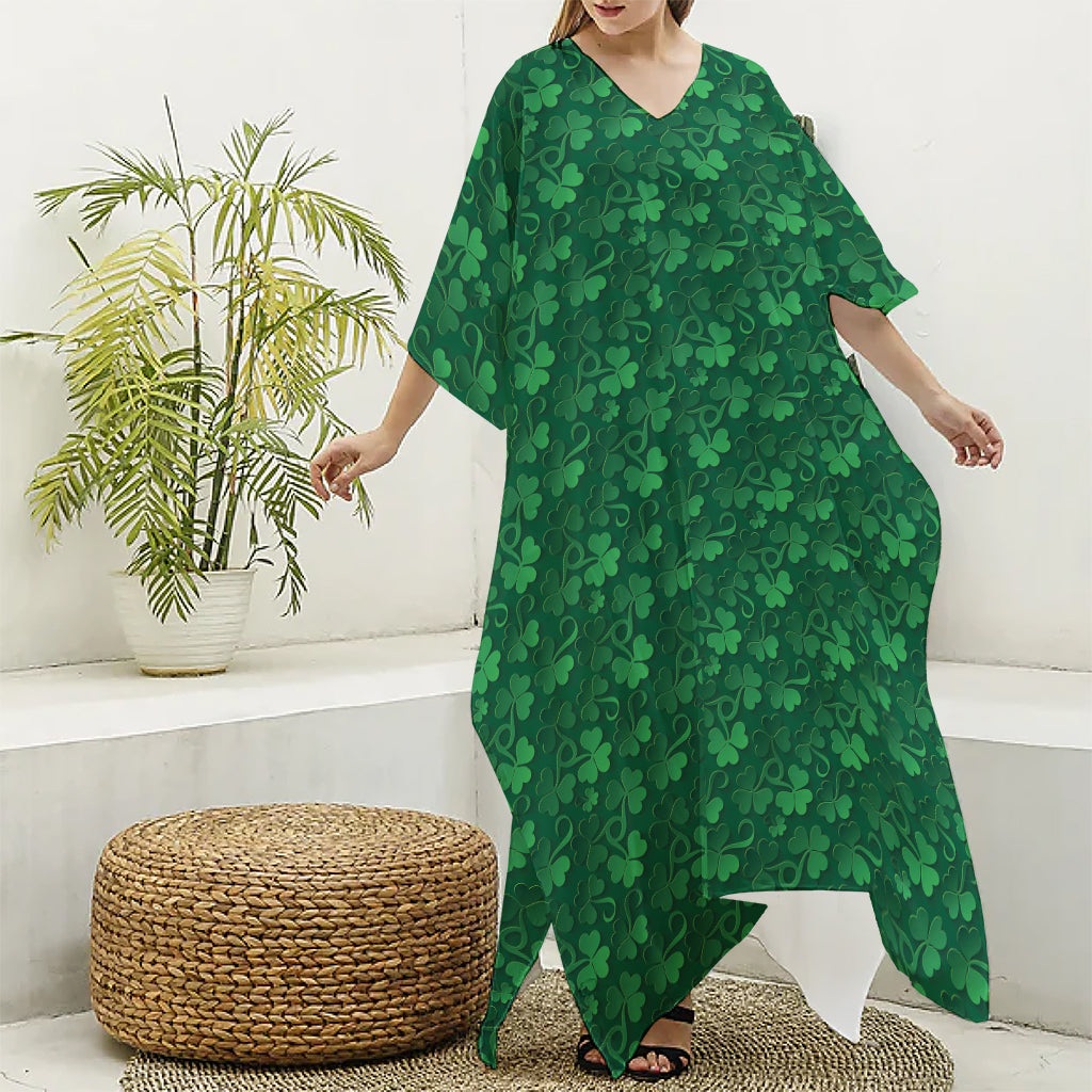 Irish Leaf St. Patrick's Day Print Silk V-Neck Kaftan Dress
