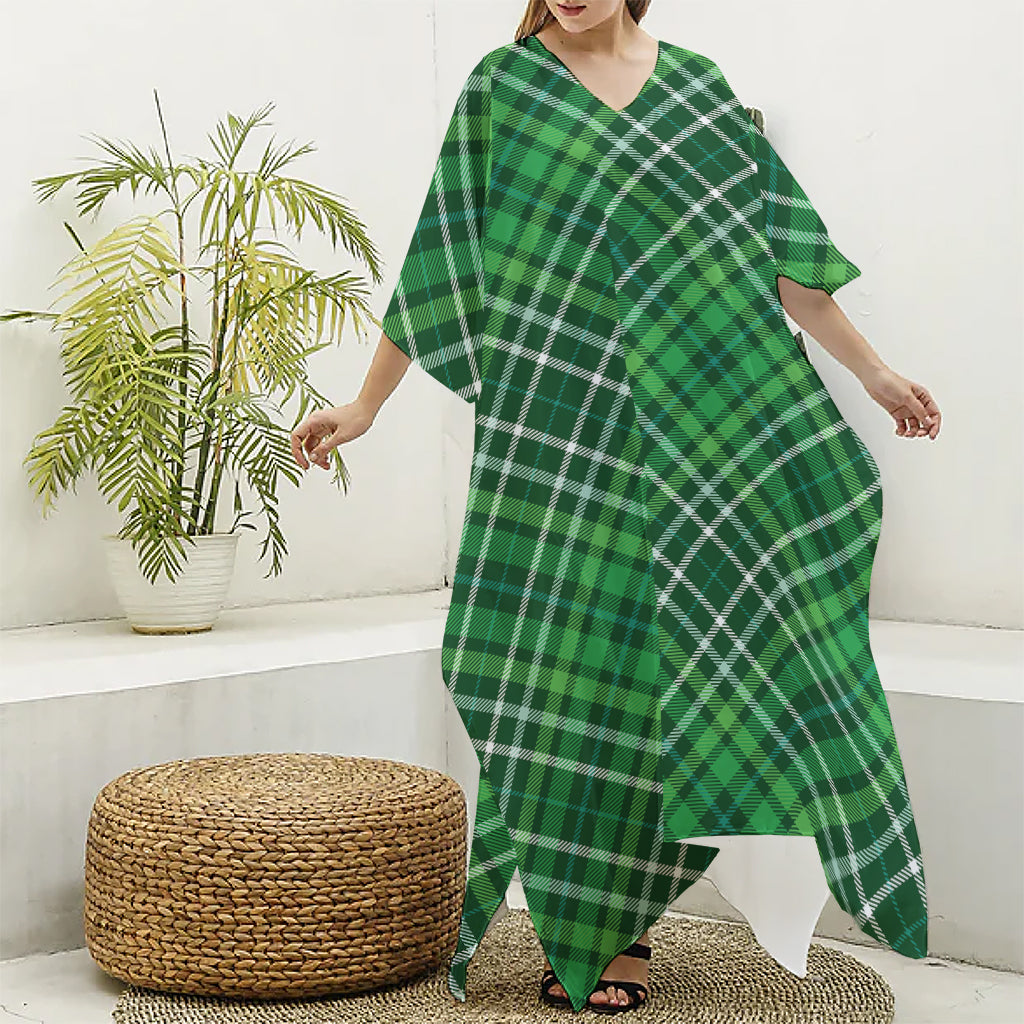 Irish Plaid Pattern Print Silk V-Neck Kaftan Dress