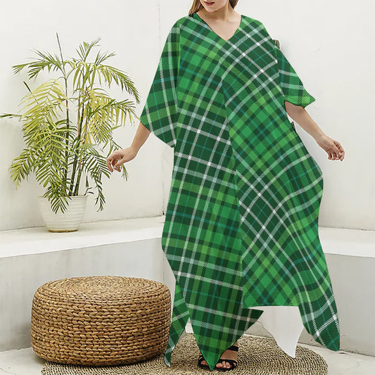 Irish Plaid Pattern Print Silk V-Neck Kaftan Dress
