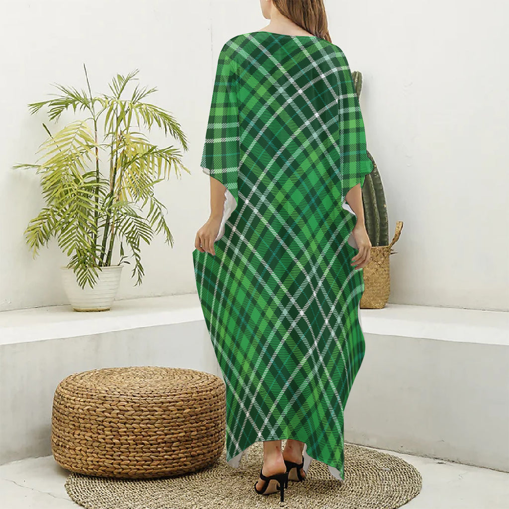 Irish Plaid Pattern Print Silk V-Neck Kaftan Dress