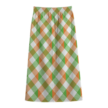 Irish Plaid Saint Patrick's Day Print Cotton Front Slit Maxi Skirt