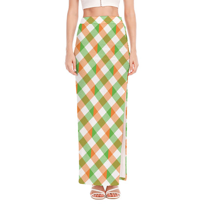 Irish Plaid Saint Patrick's Day Print High Slit Maxi Skirt