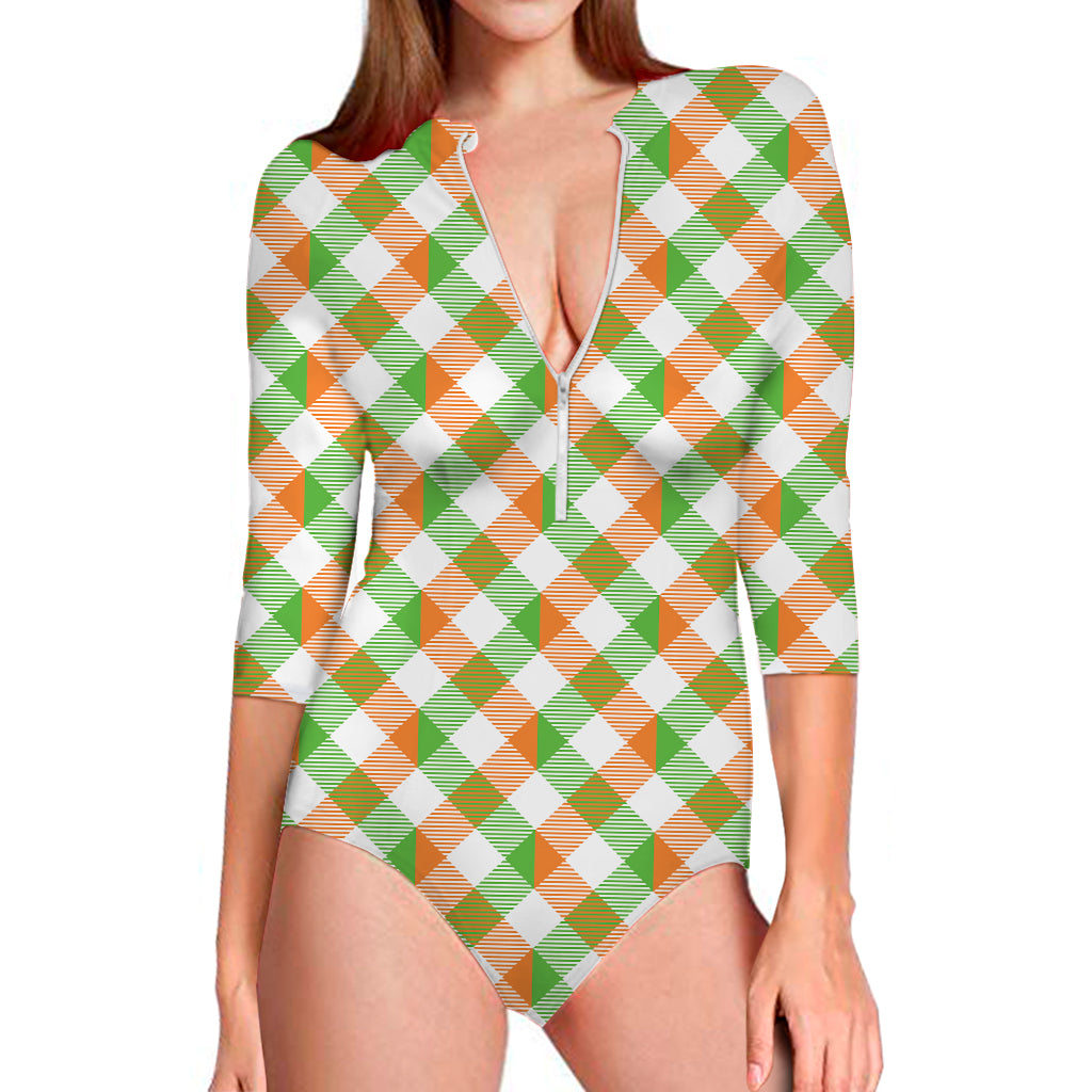 Irish Plaid Saint Patrick's Day Print Long Sleeve Swimsuit