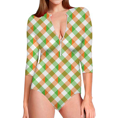 Irish Plaid Saint Patrick's Day Print Long Sleeve Swimsuit