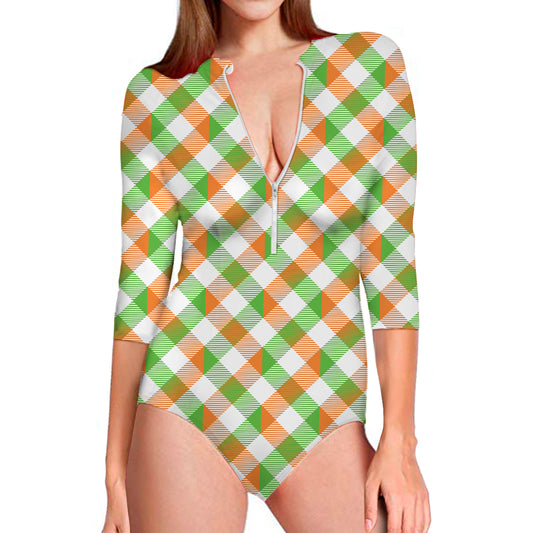 Irish Plaid Saint Patrick's Day Print Long Sleeve Swimsuit