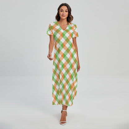 Irish Plaid Saint Patrick's Day Print Short Sleeve Maxi Dress
