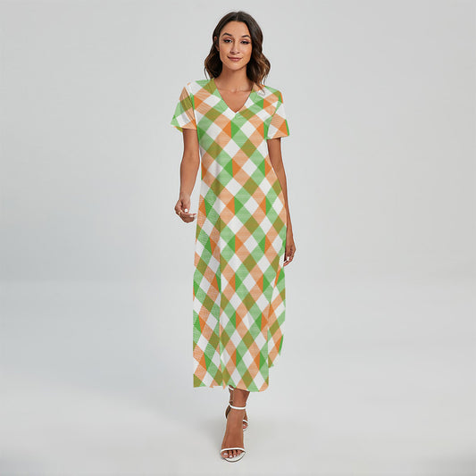 Irish Plaid Saint Patrick's Day Print Short Sleeve Maxi Dress