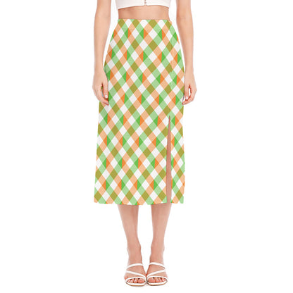 Irish Plaid Saint Patrick's Day Print Side Slit Midi Skirt