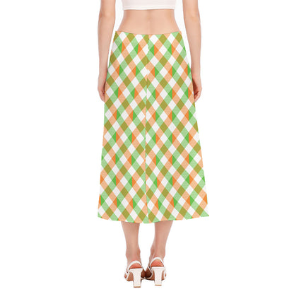 Irish Plaid Saint Patrick's Day Print Side Slit Midi Skirt