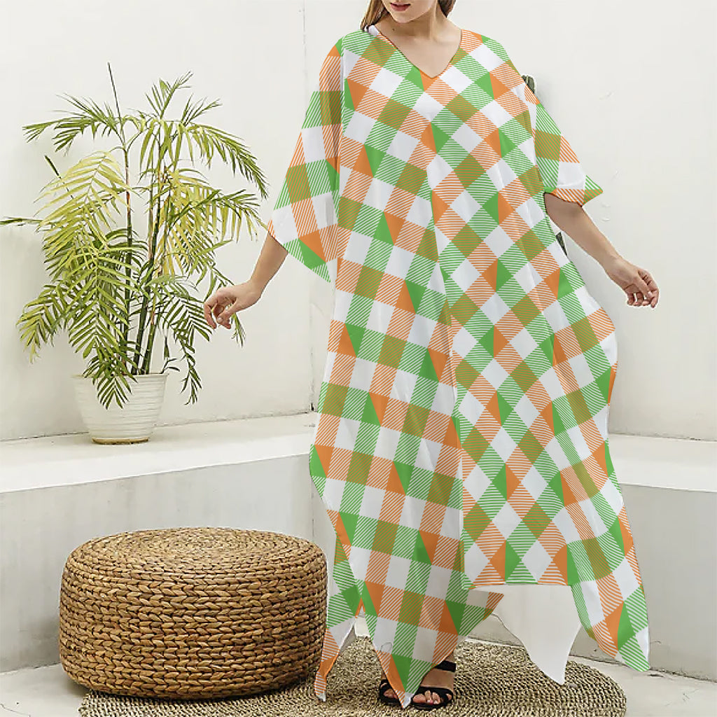 Irish Plaid Saint Patrick's Day Print Silk V-Neck Kaftan Dress