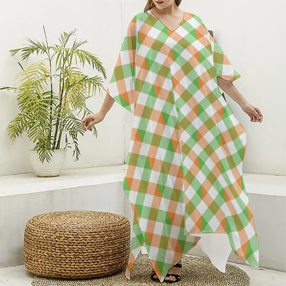 Irish Plaid Saint Patrick's Day Print Silk V-Neck Kaftan Dress