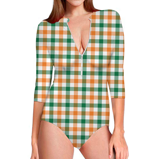 Irish Plaid St. Patrick's Day Print Long Sleeve Swimsuit