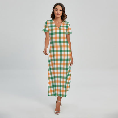 Irish Plaid St. Patrick's Day Print Short Sleeve Maxi Dress