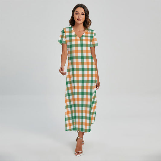 Irish Plaid St. Patrick's Day Print Short Sleeve Maxi Dress