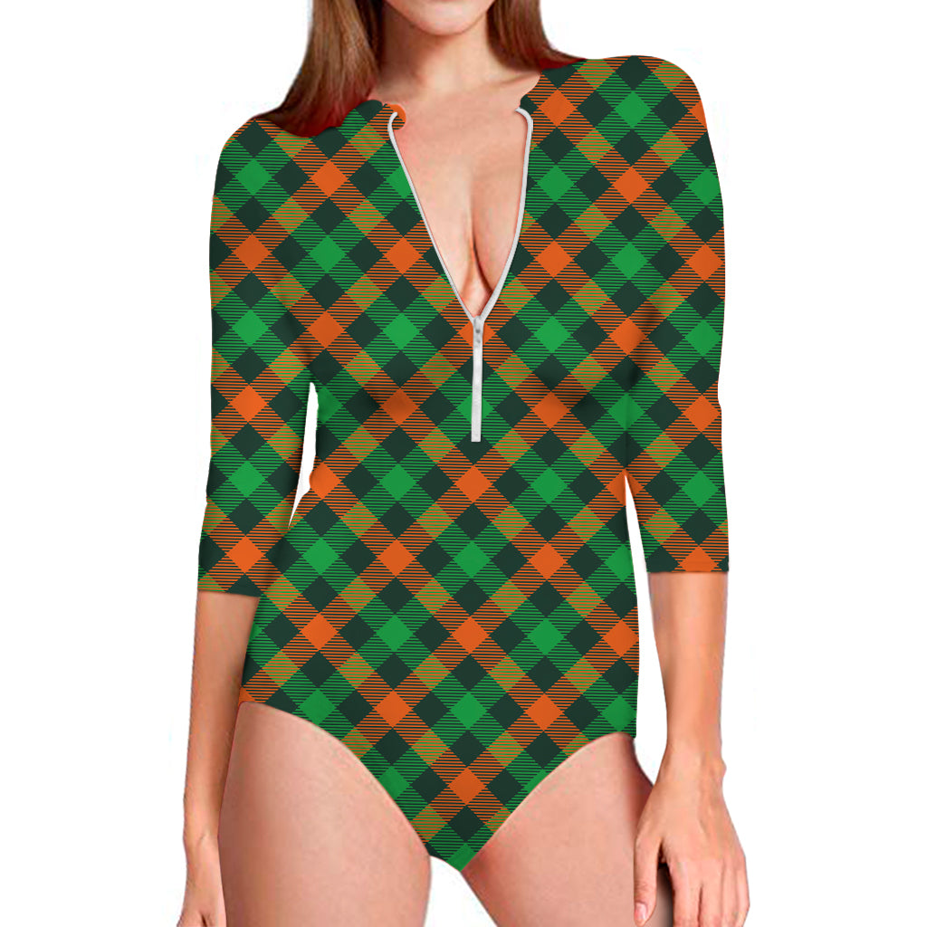 Irish Saint Patrick's Day Plaid Print Long Sleeve Swimsuit