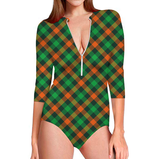 Irish Saint Patrick's Day Plaid Print Long Sleeve Swimsuit