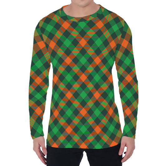 Irish Saint Patrick's Day Plaid Print Men's Long Sleeve T-Shirt