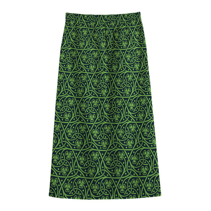 Irish Shamrock Pattern Print Cotton Front Slit Maxi Skirt