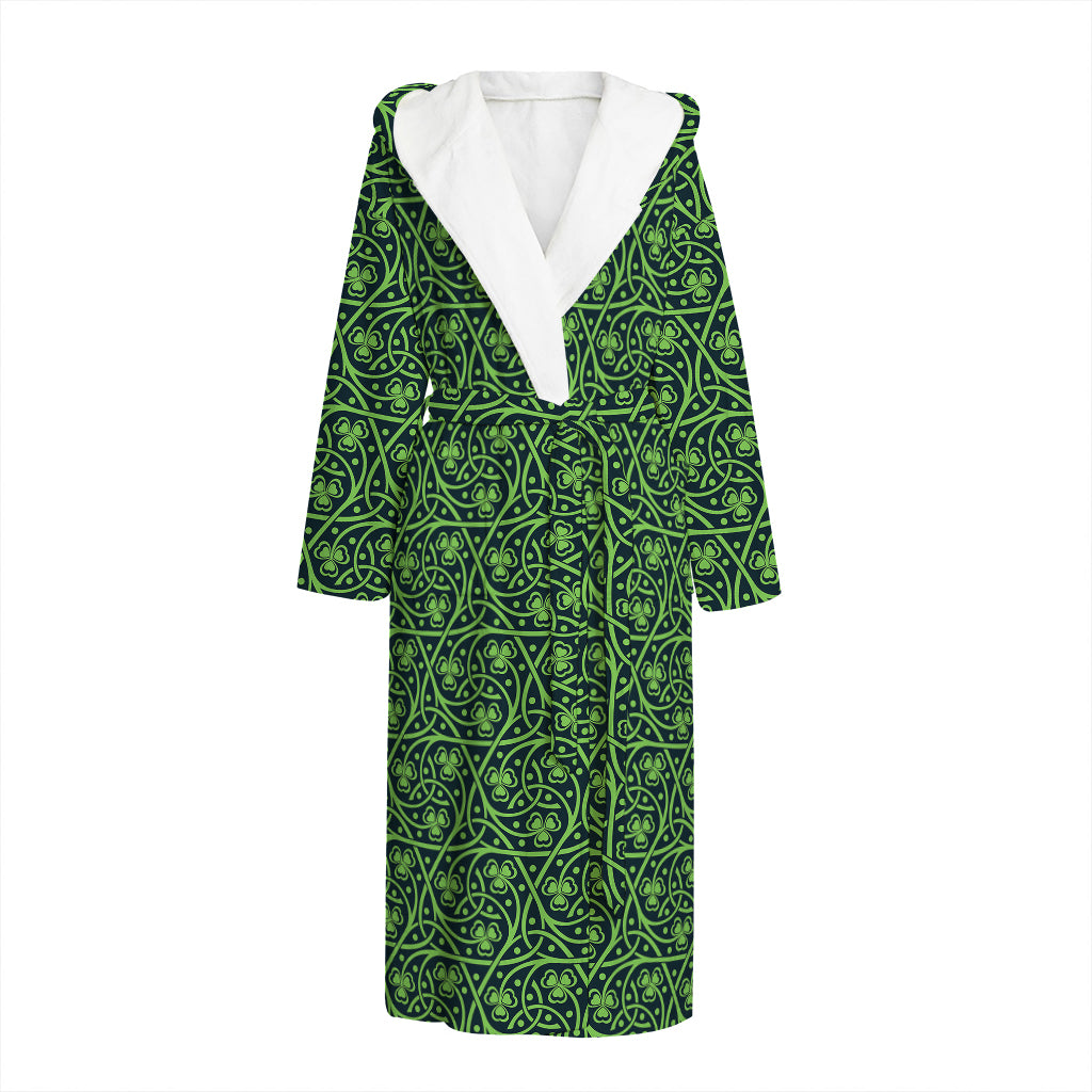 Irish Shamrock Pattern Print Hooded Bathrobe