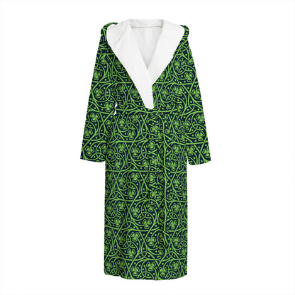 Irish Shamrock Pattern Print Hooded Bathrobe