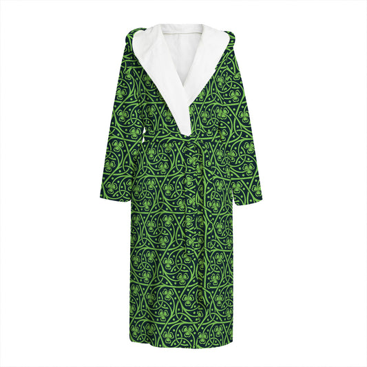 Irish Shamrock Pattern Print Hooded Bathrobe