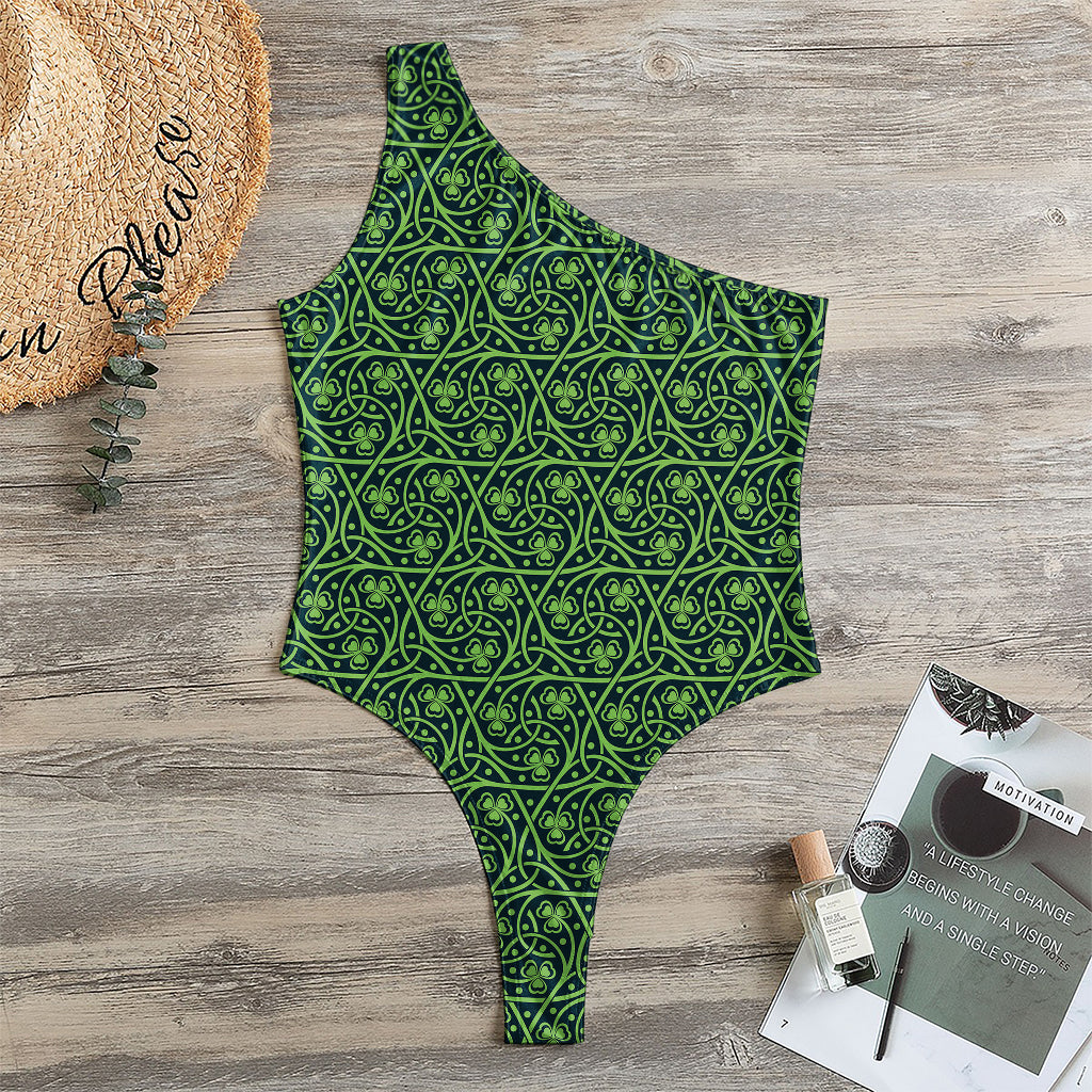 Irish Shamrock Pattern Print One Shoulder Bodysuit