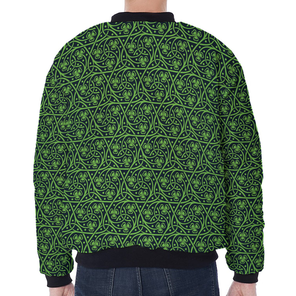 Irish Shamrock Pattern Print Zip Sleeve Bomber Jacket