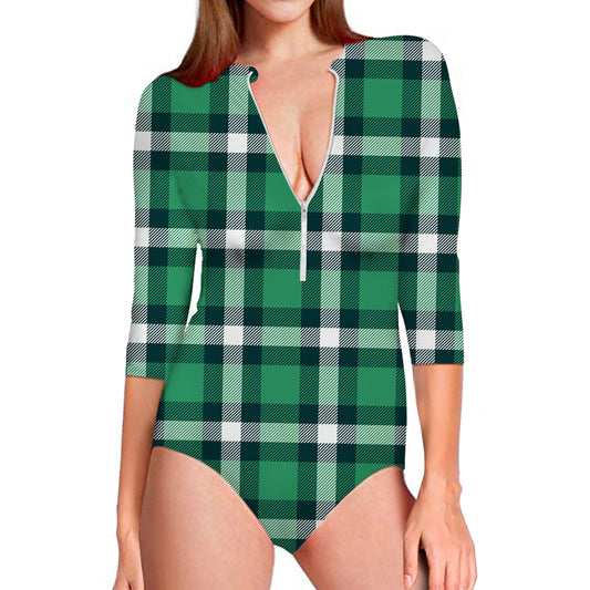 Irish St. Patrick's Day Plaid Print Long Sleeve Swimsuit
