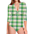 Irish St. Patrick's Day Tartan Print Long Sleeve Swimsuit