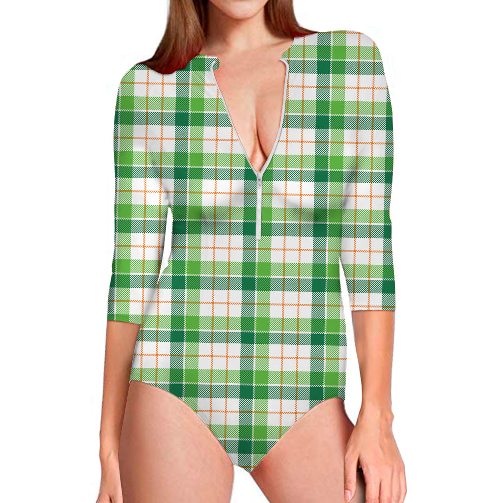 Irish St. Patrick's Day Tartan Print Long Sleeve Swimsuit