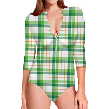 Irish St. Patrick's Day Tartan Print Long Sleeve Swimsuit