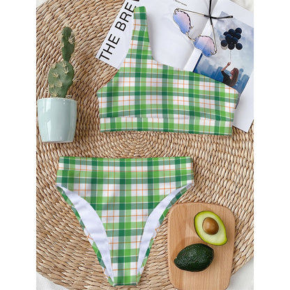 Irish St. Patrick's Day Tartan Print One Shoulder Bikini Top