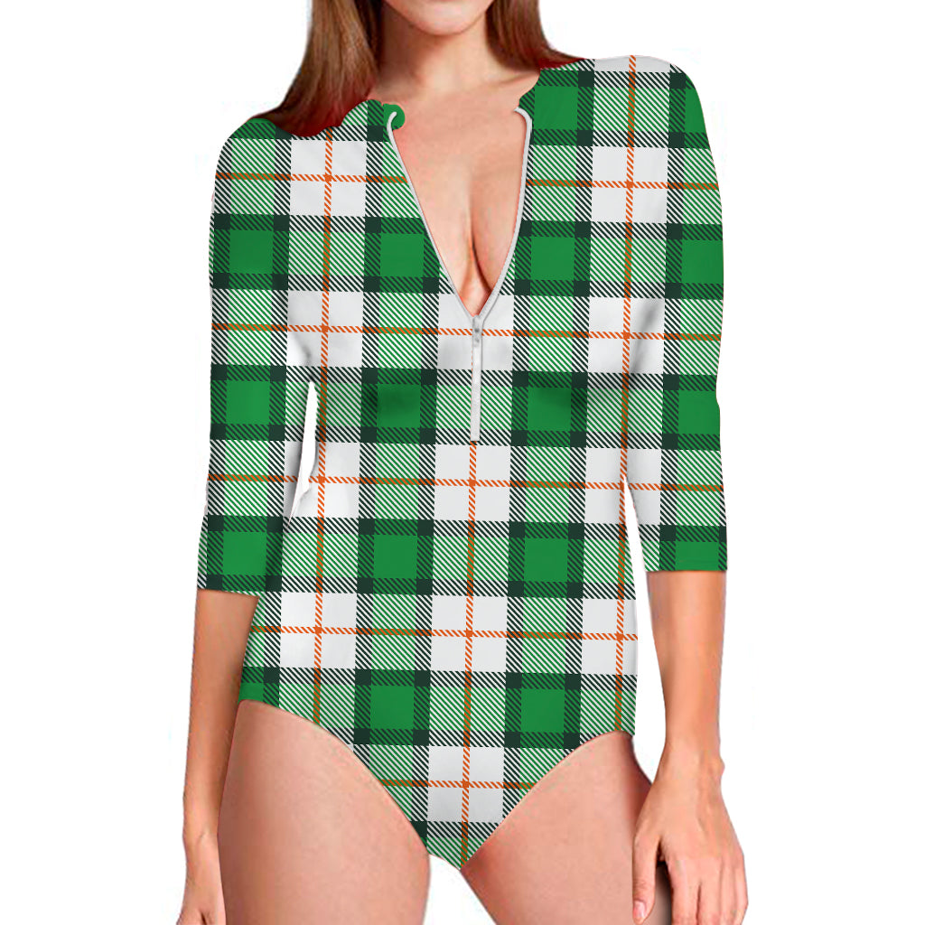 Irish Tartan St. Patrick's Day Print Long Sleeve Swimsuit