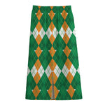 Irish Themed Argyle Pattern Print Cotton Front Slit Maxi Skirt