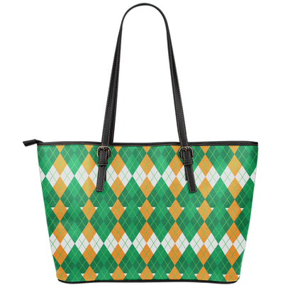 Irish Themed Argyle Pattern Print Leather Tote Bag