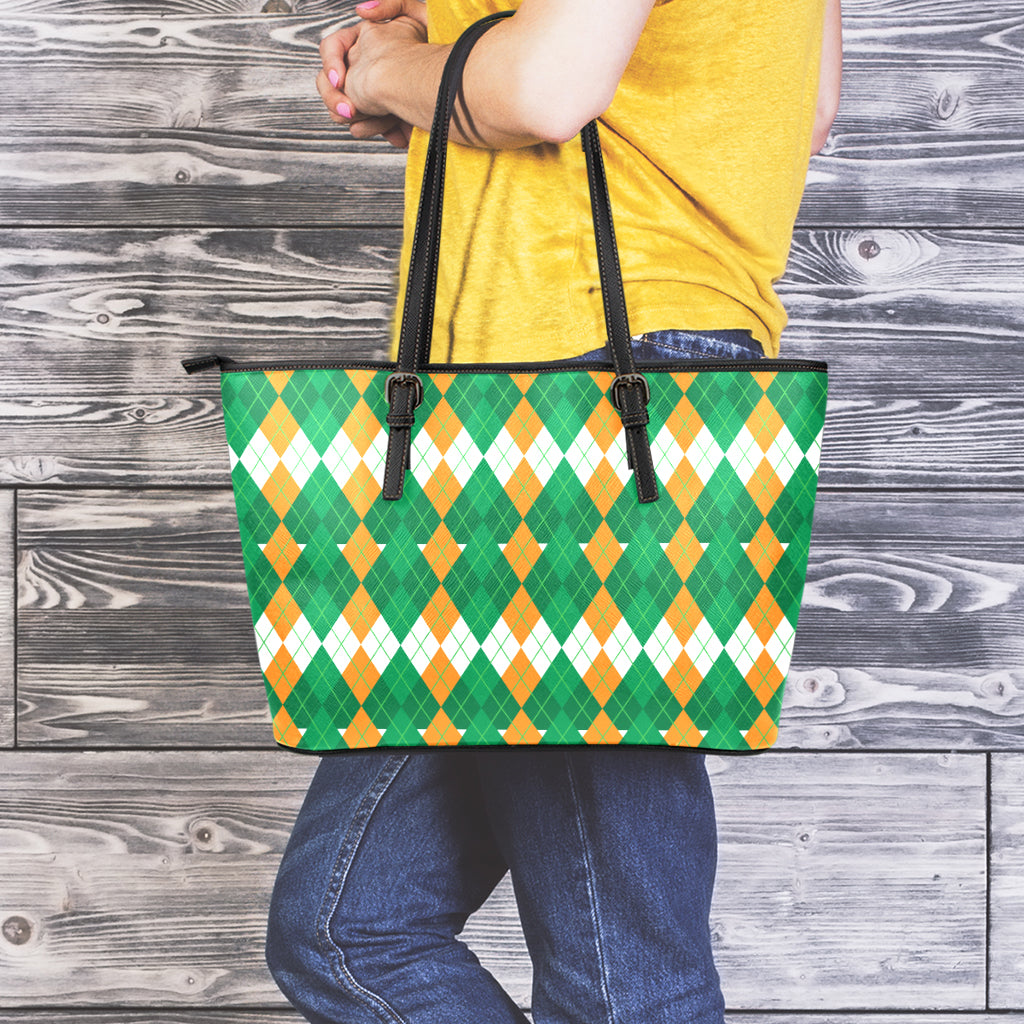 Irish Themed Argyle Pattern Print Leather Tote Bag