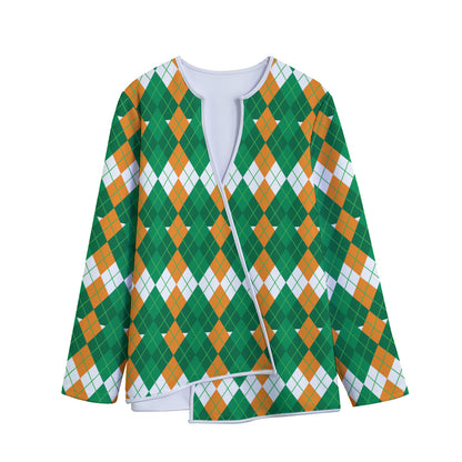 Irish Themed Argyle Pattern Print Long Sleeve Short Coat