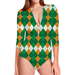 Irish Themed Argyle Pattern Print Long Sleeve Swimsuit