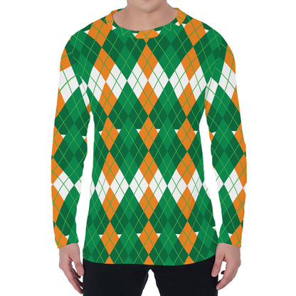 Irish Themed Argyle Pattern Print Men's Long Sleeve T-Shirt