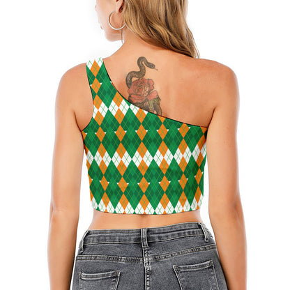 Irish Themed Argyle Pattern Print One Shoulder Crop Top