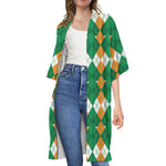 Irish Themed Argyle Pattern Print Open Front Beach Cover Up