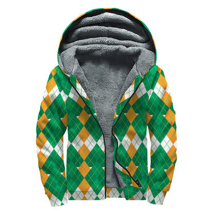 Irish Themed Argyle Pattern Print Sherpa Lined Zip Up Hoodie