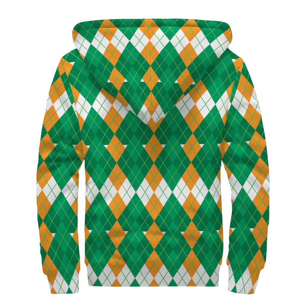 Irish Themed Argyle Pattern Print Sherpa Lined Zip Up Hoodie